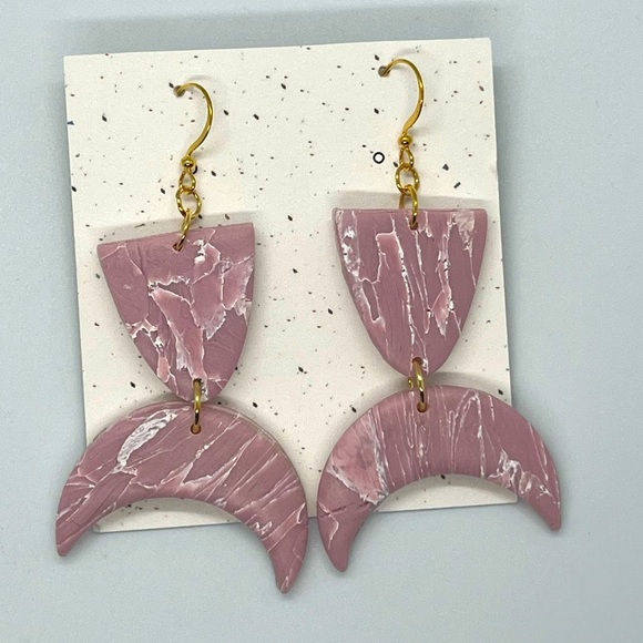 Marble Mauve Moon Polymer Clay Earrings - Picture 1 of 3